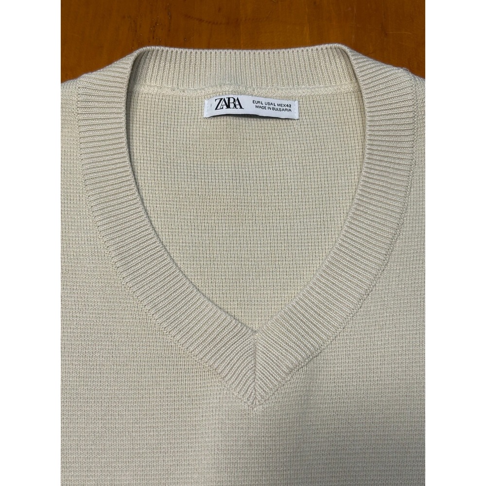 Zara Old Money Preppy Mens Knit Sweater Vest V-Neck Sleeveless Cream Beige Clean - Picture 7 of 9
